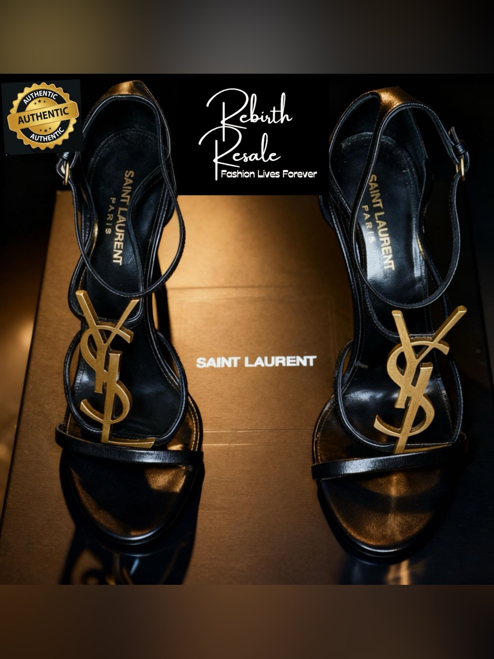Saint Laurent Black Leather Heeled Sandals with Gold YSL Monogram